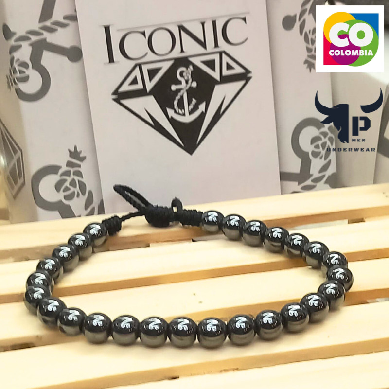 Pulsera lava con hematite para hombre bolas 6mm